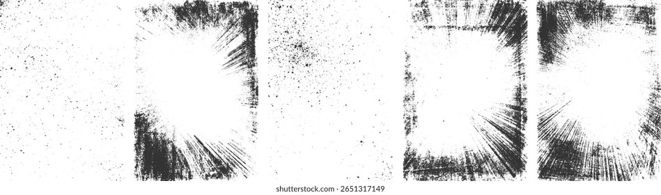 Texturas grunge em preto e branco com manchas espalhadas e traçados de pincel radial em um fundo branco.