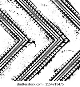Black and white grunge tire tracks with ink blots