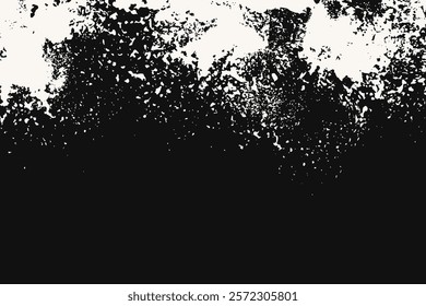 Black and White Grunge Urban Texture with Grainy Spray Effect. White Fragmented Grungy Texture. Dust Overlay Grain Texture Background. Grungy Top Border