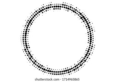 Black and white grunge vector halftone. Centered round half tone illustration. Dotted ring with copy space. Retro comic overlay. Dot pattern on transparent backdrop. Digital perforated halftone