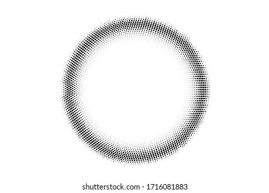 Black and white grunge vector halftone. Centered round half tone. Smooth tiny dotted ring with copy space. Retro comic overlay. Dot pattern on transparent backdrop. Digital perforated halftone