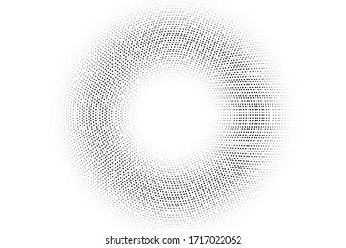 Black and white grunge vector halftone. Centered round half tone. Pale dotted ring with copy space. Retro comic overlay. Dot pattern on transparent backdrop. Digital perforated halftone