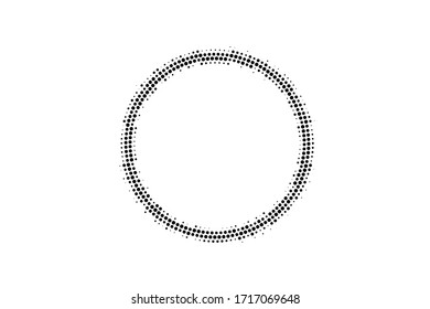 Black and white grunge vector halftone. Small centered round half tone. Dotted ring with copy space. Retro comic overlay. Dot pattern on transparent backdrop. Digital perforated halftone