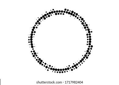 Black and white grunge vector halftone. Centered round half tone. Perforated dotted ring with copy space. Retro comic overlay. Dot pattern on transparent backdrop. Digital perforated halftone