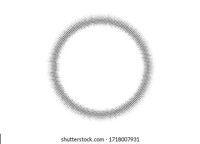 Black and white grunge vector halftone. Centered round light half tone. Dotted ring with copy space. Retro comic overlay. Dot pattern on transparent backdrop. Digital perforated halftone