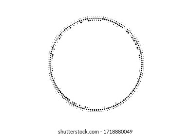 Black and white grunge vector halftone. Pale centered round half tone. Tiny dotted ring with copy space. Retro comic overlay. Dot pattern on transparent backdrop. Digital perforated halftone