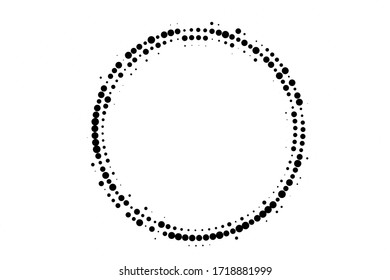 Black and white grunge vector halftone. Distressed centered round half tone. Dotted ring with copy space. Retro comic overlay. Dot pattern on transparent backdrop. Digital perforated halftone