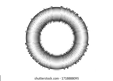 Black and white grunge vector halftone. Centered round half tone. Grungy dotted ring with copy space. Retro comic overlay. Dot pattern on transparent backdrop. Digital perforated halftone