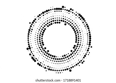 Black and white grunge vector halftone. Centered round half tone. Noisy dotted ring with copy space. Retro comic overlay. Dot pattern on transparent backdrop. Digital perforated halftone