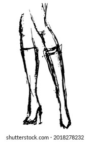 Schwarz-Weiß-Grunge-Vektorgrafik weiblicher Beine in Kniehöhen mit hohen Absätzen. Rough lineares Freibord-Bild einzeln auf weißem Hintergrund