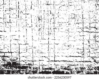 Black and white grunge vector texture of an old dirty brick wall. Original illustration with damage and streaks of black resin for the designer. Close-up of a wall of carelessly laid bricks