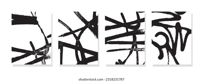 Black and white grunge vector texture with distressed overlay, featuring messy brush strokes and retro wall effect. Ideal for wall decor, postcards, posters, brochures, and home decoration.