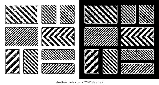 Black and white grunge warning signs with diagonal lines. Old attention, danger or caution sign, construction site signage. Realistic notice signboard, warning banner, road shield. Vector illustration