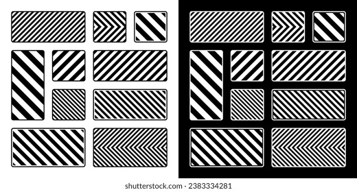 Black and white grunge warning signs with diagonal lines. Old attention, danger or caution sign, construction site signage. Realistic notice signboard, warning banner, road shield. Vector illustration