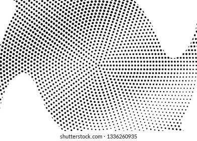 Black and white grungy abstract background. Glitch dotwork surface. Wrapped dot texture. Monochrome gradient vector background. Retro halftone overlay. Vintage distressed effect. Industrial texture