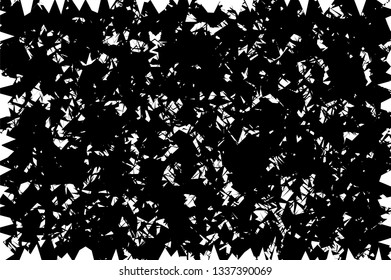 Black and white grungy abstract background. Monochrome glitch surface. Chaotic texture. Dark scribble vector background. Retro halftone overlay. Vintage distressed effect. Industrial texture