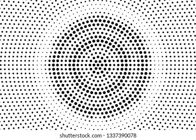 Black and white grungy abstract background. Monochrome dotted surface. Round dotwork texture. Diagonal gradient vector background. Retro halftone overlay. Vintage distressed effect. Industrial texture