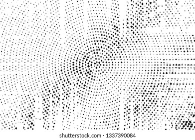 Black and white grungy abstract background. Monochrome glitch surface. Centered spot texture. Diagonal gradient vector background. Retro halftone overlay. Vintage distressed effect. Industrial texture