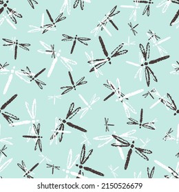 Black and White Grungy Dragon Flies Vector Seamless Background Pattern