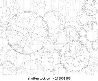 Black and white grungy gear wheels and cogs engineering blueprint background
