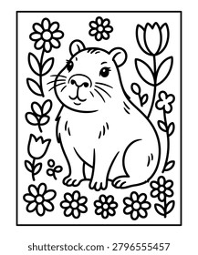 Black and white of a guinea pig surrounded by flowers coloring page animal coloring book page in white background