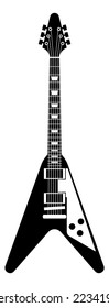 Black and white guitar. Musical instrument silhouette, electric rock music string object, modern grunge and vintage element, logo template, simple icon vector isolated illustration