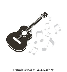 Black and White Guitar and Musical Notes - Design Concept Illustration, Template Isolated on White - Freely Editable Vector Format 