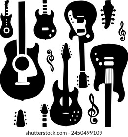 a black and white guitar pattern featuring various electric guitars, creating dynamic movement and accentuating the energy of rock 'n' roll. 