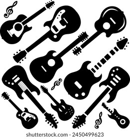 a black and white guitar pattern featuring various electric guitars, creating dynamic movement and accentuating the energy of rock 'n' roll. 