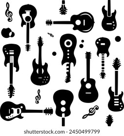 a black and white guitar pattern featuring various electric guitars, creating dynamic movement and accentuating the energy of rock 'n' roll. 