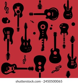 a black and white guitar pattern featuring various electric guitars, creating dynamic movement and accentuating the energy of rock 'n' roll. 