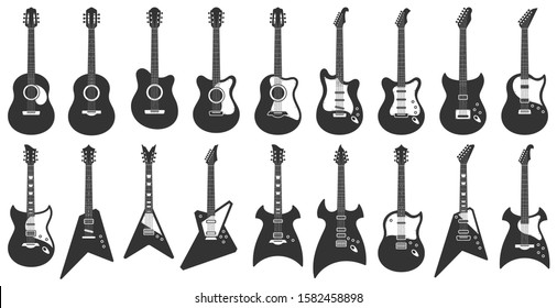 Black And White Guitars. Acoustic Strings Music Instruments, Electric Rock Guitar Silhouette And Stencil Guitars. Musician Equipment, Heavy Metal Concert Guitar. Isolated Icons Vector Set