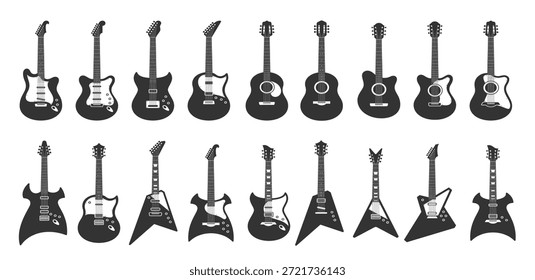 Schwarz-weiße Gitarren. Akustische Streicher Musikinstrumente, E-Rock-Gitarre Silhouette und Schablonengitarren. Musikerausrüstung, Heavy-Metal-Konzertgitarre. Isolierte Symbole, Vektorsatz
