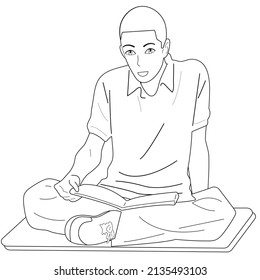 A black and white guy sits cross-legged and reads a book. Vector, cartoon.