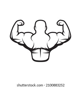 
black and white gym icon. logo. pumped up back of a muscular guy. the male. simple illustration. power. body. man. fitness. sport