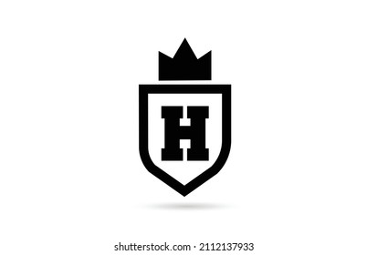 black and white H alphabet letter logo icon with shield and king crown design. Creative template for business and company