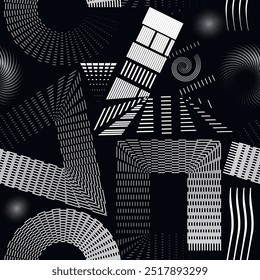 Black and white haftone triangles, squares, spirals, circles  geometric seamless pattern. Vector ornamental half tone geometrical background. Repeat patterned backdrop. Modern endless grunge texture.