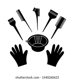 Black and white hair coloring silhouette set. Beauty salon tools. Hairdresser equipment vector illustration for icon, stamp, label, certificate, brochure, leaflet, poster, coupon or banner decoration