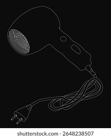 Secador de cabelo preto e branco com um design elegante, com um cabo longo e bocal detalhado, isolado em um fundo escuro. A ilustração tem linhas limpas e uma estética retrô, perfeita para o design.