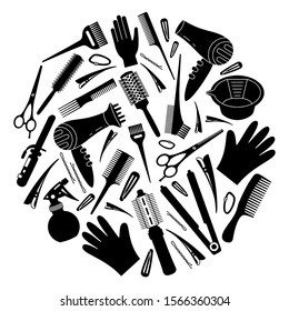 Black and white hairdresser tools concept. Decoration for beauty salon. Hair dresser themed vector illustration for certificate, brochure, leaflet, poster or banner background