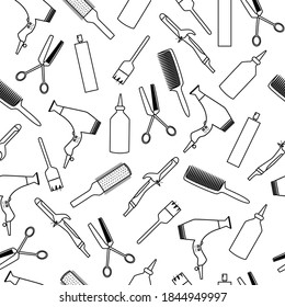 Black and white hairdresser tools seamless pattern with curling iron, hair blow, comb, bruh and hair spray. Outline vector illustration.