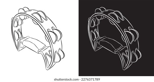 Black and white half moon tambourine. outline drawing. percussion musical instrument. Vector illustration isolated on white and black background.