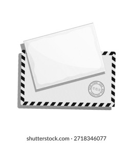 Sobre de correo aéreo semitono blanco y negro con tarjeta de carta en blanco. Textura de puntos de Antiguas que simboliza el correo postal, el mensaje, la correspondencia y la comunicación. Estilo retro minimalista.