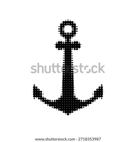 Black and white halftone anchor icon made of dots. Minimal vintage illustration symbolizing stability, safety, hope, navigation and maritime concept for branding and graphic design.