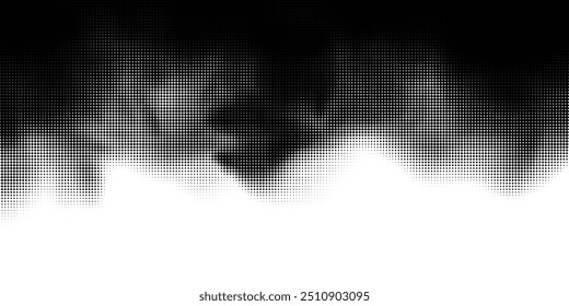 Fundo de meio-tom preto e branco. Ilustração abstrata de partículas redondas. Os pontos formam imagens sem forma. Gráficos vetoriais.