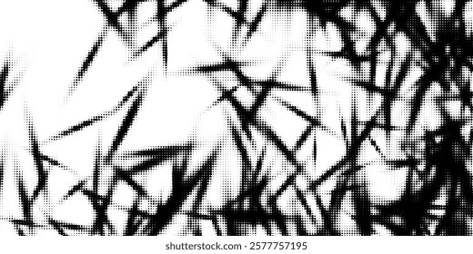 Black and white halftone background. Abstract illustration of round particles. The dots form shapeless images. Vector graphics.