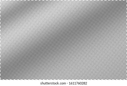 Black and white halftone background. Smooth vector half tone. Retro comic effect overlay. Diagonal dotted gradient. Dot pattern on transparent backdrop. Dynamic halftone texture for graphic design