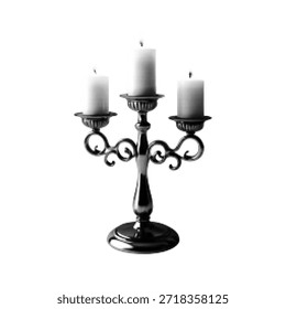 Candelabro semitono blanco y negro con tres velas. Ilustración de Antiguas punteada que simboliza la elegancia, la decoración clásica, la atmósfera gótica, la ceremonia y el diseño interior antiguo.