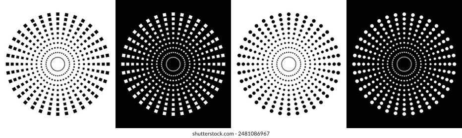 black and white Half-tone circle design: a collection of round dotted frames, circular pattern borders, and abstract halftone graphic elements.