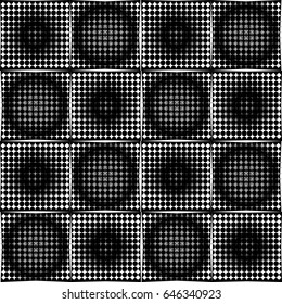Black and white halftone circle pattens in checker background, seamless tileable vector ornament